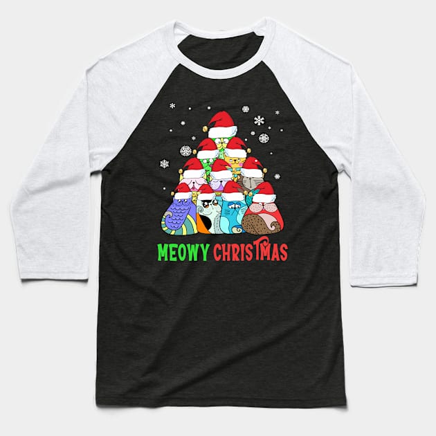 Meowy Catmas Cat Christmas Tree Xmas Funny Crazy Cat Lover Baseball T-Shirt by Jas-Kei Designs